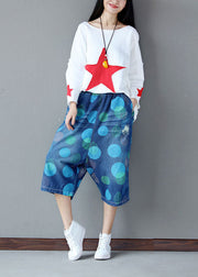 Boho Blue Elastic Waist Dot Print Cotton Wide Leg Crop Pants Summer