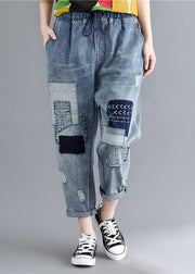 Boho Blue Elastic Waist Patchwork Applique Denim Pants Spring