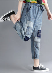 Boho Blue Elastic Waist Patchwork Applique Denim Pants Spring