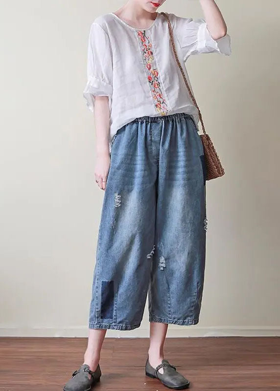 Boho Blue Elastic Waist Pockets Patchwork Applique Hole Cotton Crop Pants Summer