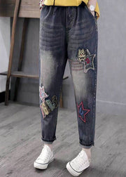 Boho Blue Embroideried Pockets Patchwork High Waist Denim Pants Spring