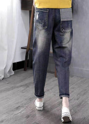 Boho Blue Embroideried Pockets Patchwork High Waist Denim Pants Spring