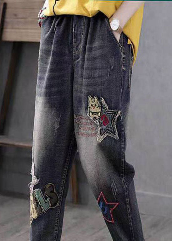 Boho Blue Embroideried Pockets Patchwork High Waist Denim Pants Spring