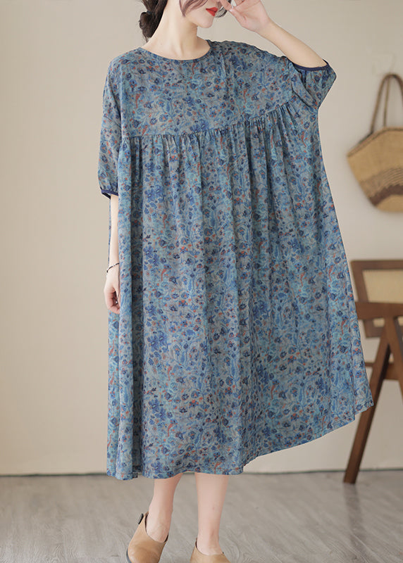 Boho Blue Grey Oversized Print Linen Maxi Dresses Summer