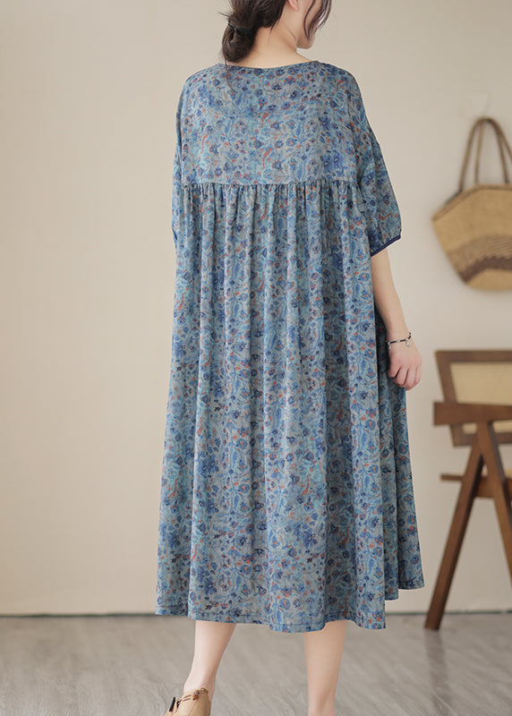 Boho Blue Grey Oversized Print Linen Maxi Dresses Summer