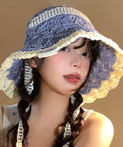 Boho Blue Lace Strap Large Brim Hollowed Out Vacation Sun Hat