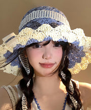 Boho Blue Lace Strap Large Brim Hollowed Out Vacation Sun Hat