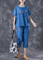 Boho Blue Letter Embroideried Patchwork Denim Two Pieces Set Summer