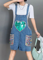 Boho Blue Nail Bead Sequins Patchwork Denim Jumpsuit Shorts Summer