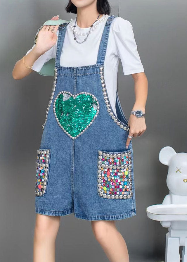 Boho Blue Nail Bead Sequins Patchwork Denim Jumpsuit Shorts Summer