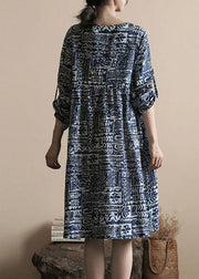 Boho Blue O Neck Print Patchwork Linen Dress Long Sleeve