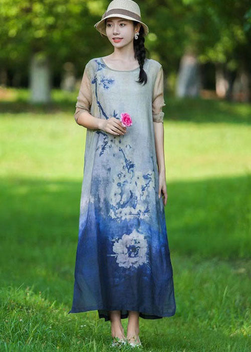 Boho Blue O Neck Print Patchwork Linen Long Dress Summer