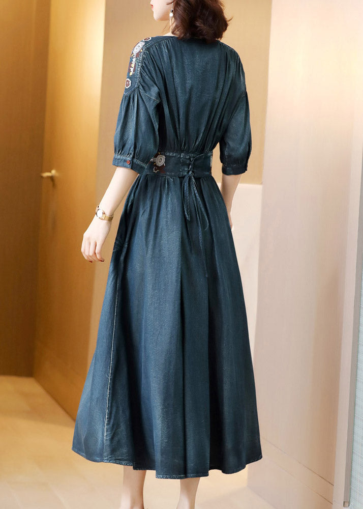 Boho Blue O-Neck Wrinkled Tunic Cotton Denim Maxi Dress Long Sleeve