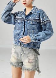 Boho Blue Oversized Patchwork Nail Bead Denim Coats Spring