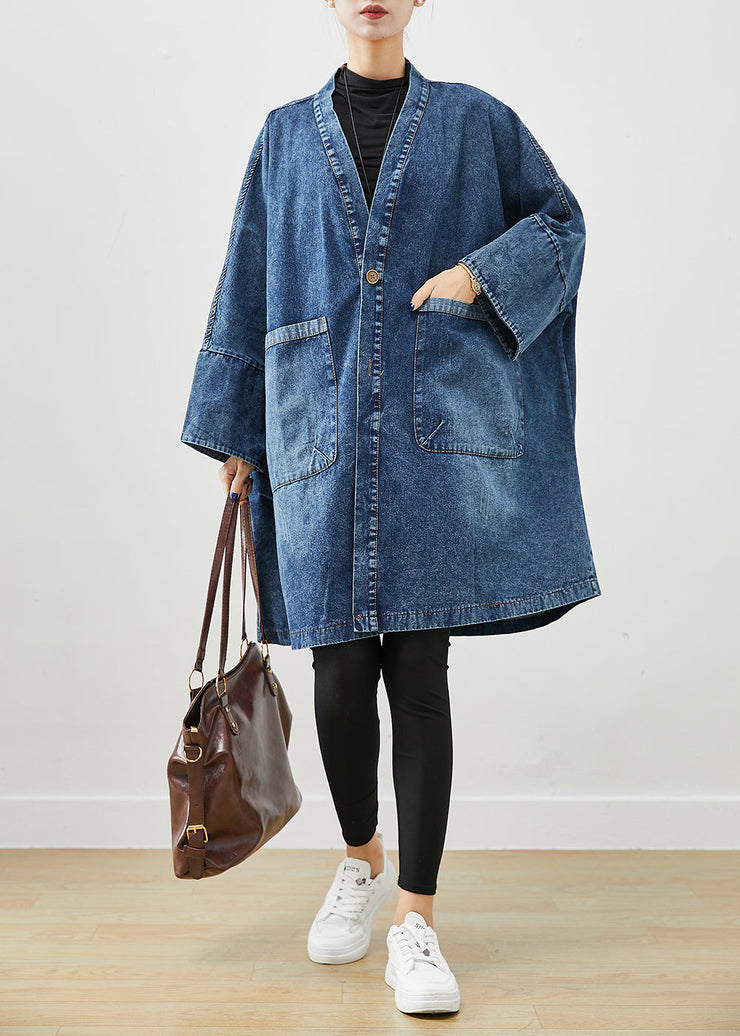 Boho Blue Oversized Pockets Denim Trench Coats Batwing Sleeve