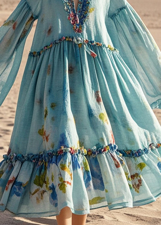 Boho Blue Oversized Print Cotton Beach Dress Fall