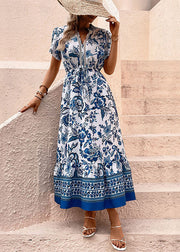 Boho Blue Print Drawstring Chiffon Holiday Dress Summer