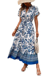 Boho Blue Print Drawstring Chiffon Holiday Dress Summer