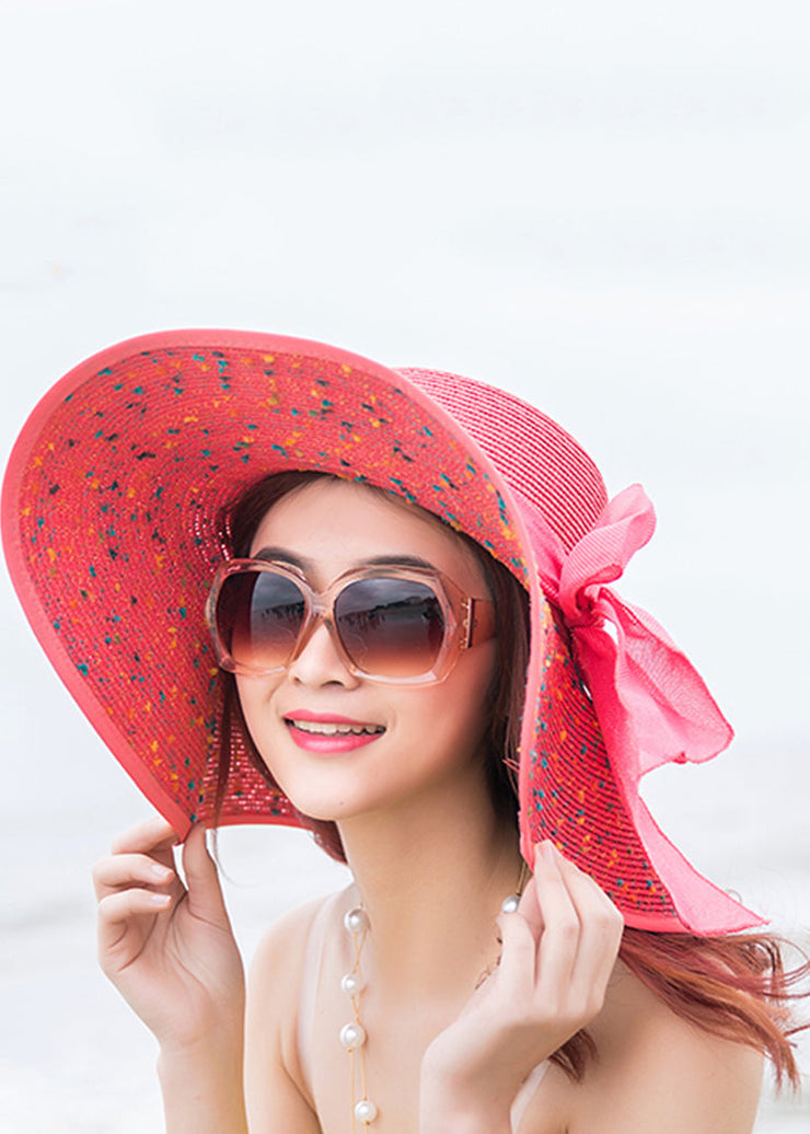 Boho Blue Print Tulle Bow Straw Woven Floppy Sun Hat