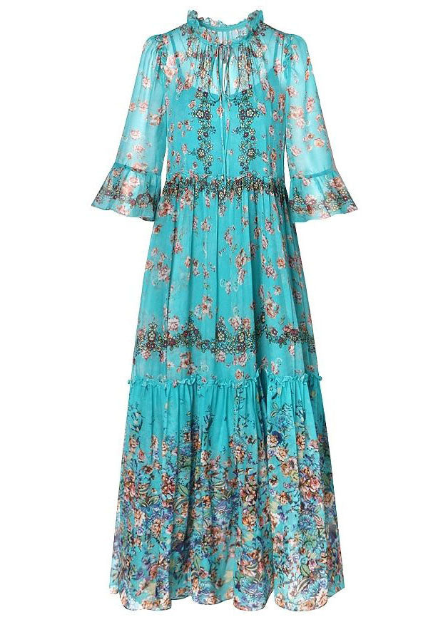 Boho Blue Ruffled Patchwork Print Silk Maxi Dress Flare Sleeve