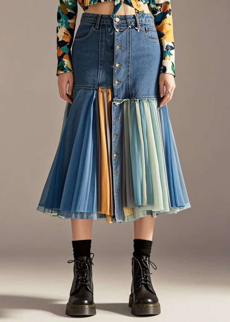 Boho Blue Silm Fit Patchwork Denim Skirt Fall