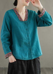 Boho Blue V Neck Embroideried Button Linen Shirt Long Sleeve