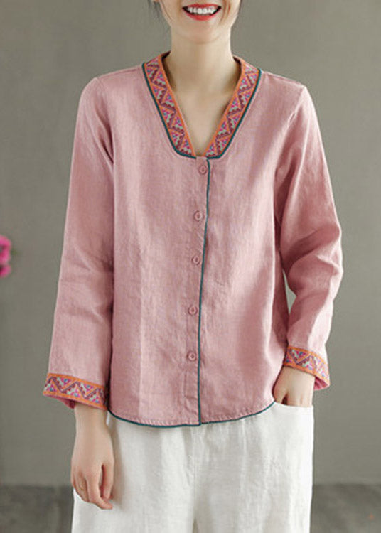 Boho Blue V Neck Embroideried Button Linen Shirt Long Sleeve