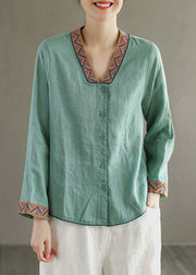 Boho Blue V Neck Embroideried Button Linen Shirt Long Sleeve