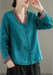 Boho Blue V Neck Embroideried Patchwork Linen Shirts Top Spring