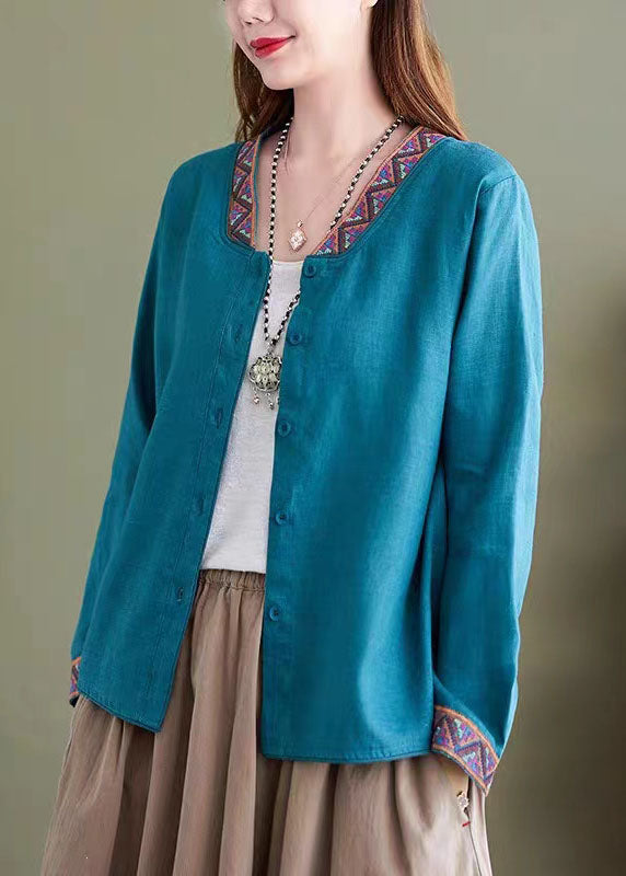 Boho Blue V Neck Embroideried Patchwork Linen Shirts Top Spring