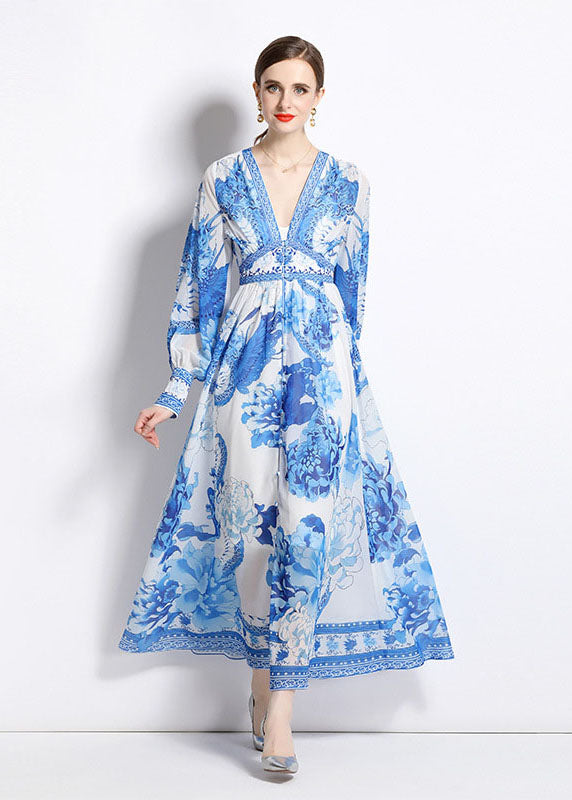 Boho Blue V Neck Print Patchwork Chiffon Vacation Dresses Long Sleeve