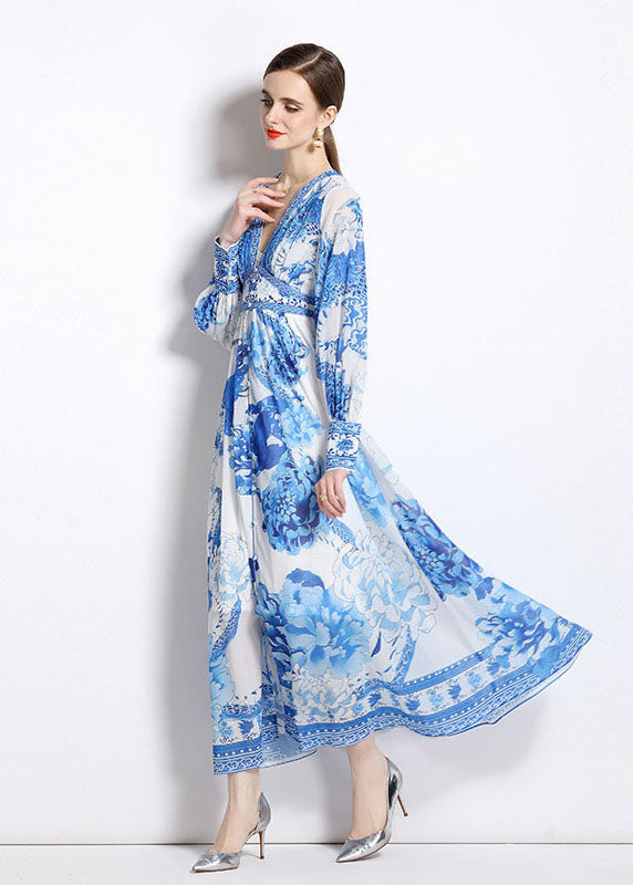 Boho Blue V Neck Print Patchwork Chiffon Vacation Dresses Long Sleeve