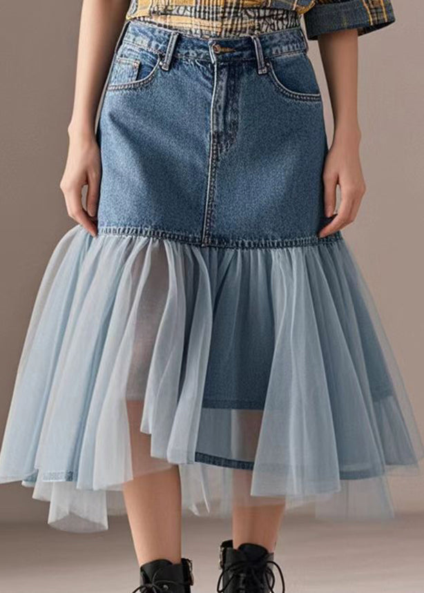 Boho Blue Wraped Patchwork Tulle Denim Skirts Spring