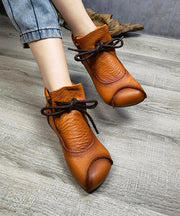 Boho Brown Cowhide Leather Ankle Boots Lace Up Soft Splicing