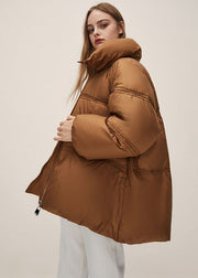 Boho Brown Stand Collar Zippered Thick Duck Down Puffer Jacket Winter