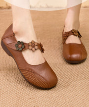 Boho Buckle Strap Flat Shoes For Women Apricot Floral Cowhide Leather