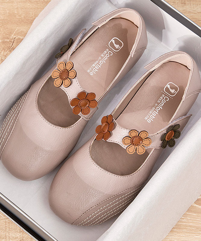 Boho Buckle Strap Flat Shoes For Women Apricot Floral Cowhide Leather