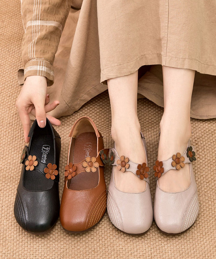 Boho Buckle Strap Flat Shoes For Women Apricot Floral Cowhide Leather