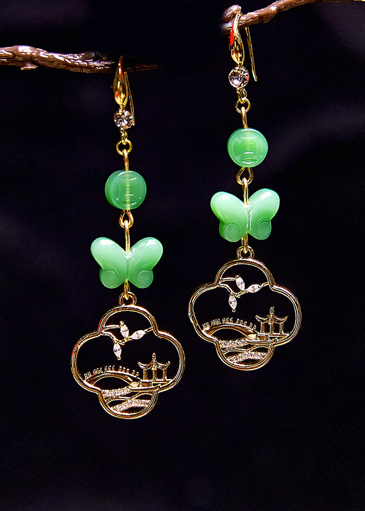 Boho Butterfly Jade Collocation 14K Gold Drop Earrings