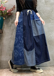 Boho Casual Navy Patchwork Elastic Waist Denim Skirts Spring