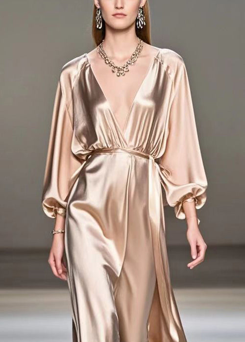 Boho Champagne V Neck Ruffles Silk Long Dresses Fall