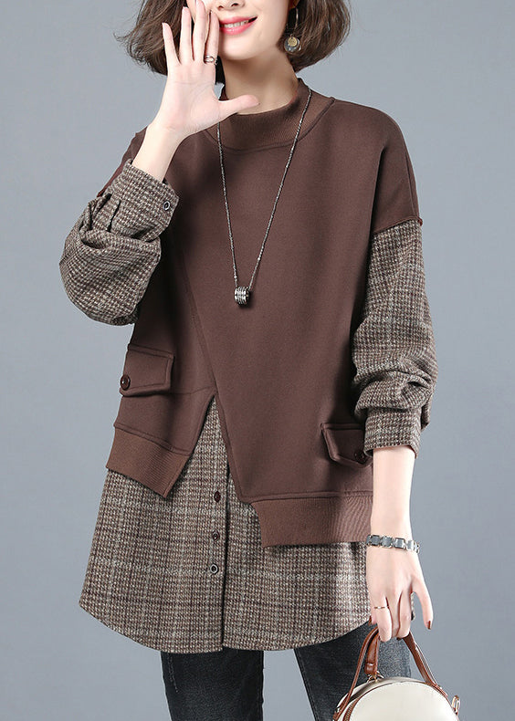 Boho Chocolate Colour O-Neck Patchwork Fake Two Pieces Sweatshirt Long Sleeve