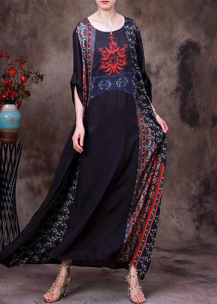 Boho Chocolate Colour Print Patchwork Silk Maxi Dress Long Sleeve