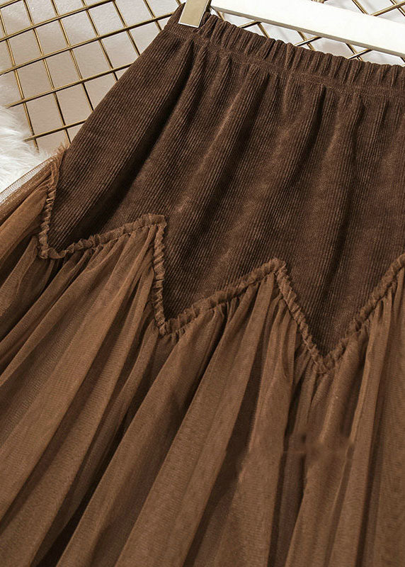 Boho Chocolate High Waist Patchwork Corduroy Wrinkled Tulle Skirt Spring