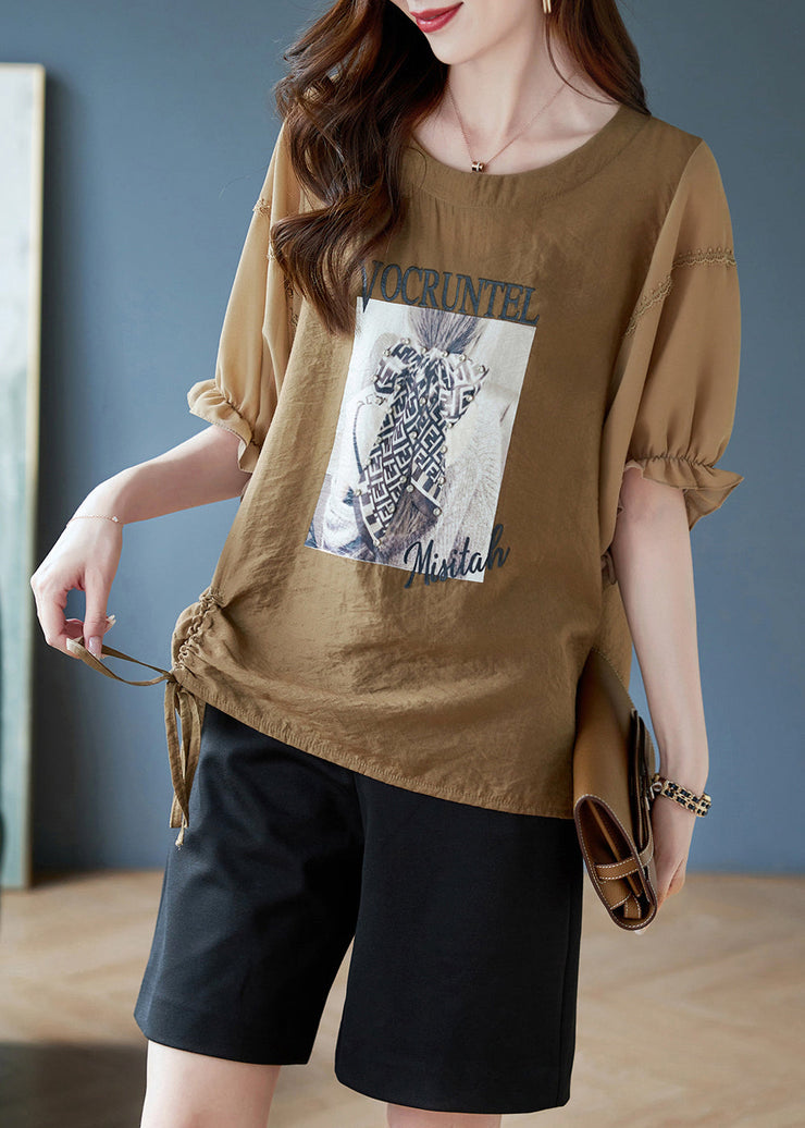 Boho Coffee O-Neck Print Drawstring Chiffon T Shirts Batwing Sleeve