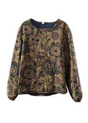 Boho Coffee O Neck Print Fine Cotton Filled Pullover Sweatshirt Spring