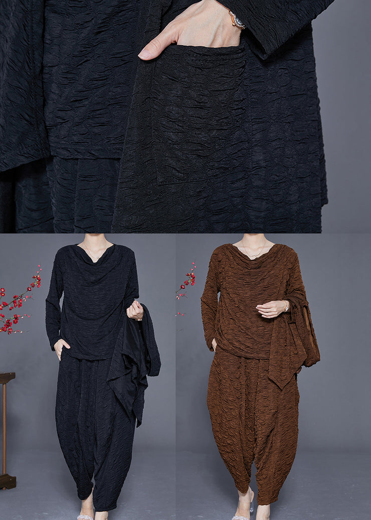 Boho Coffee Oversized Wrinkled Cotton Three Pieces Set Spring