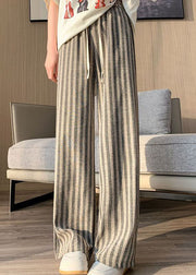 Boho Coffee Striped Patchwork Elastic Waist Cotton Wide Leg Pants Spring