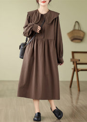 Boho Coffee Wrinkled Button Long Dress Long Sleeve