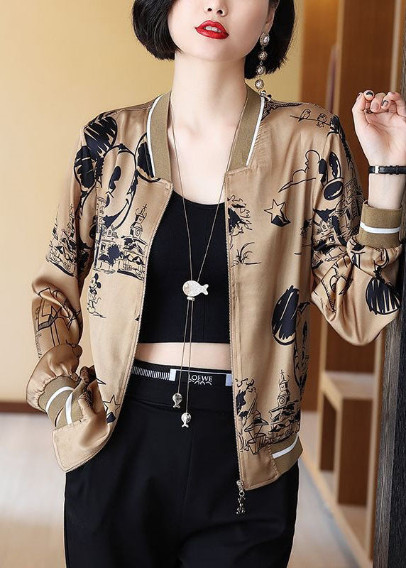 Boho Coffee Zippered Patchwork Print Silk Coats Spring